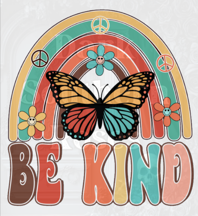 Be Kind DTF Transfer | Retro Butterfly Heat Transfer | Kindness Rainbow Print