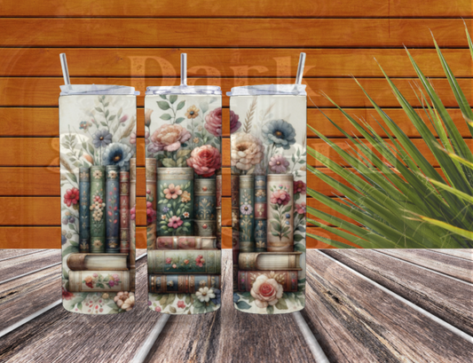 Book Lover Floral Tumbler | Vintage Stack of Books | 20 oz Stainless Steel